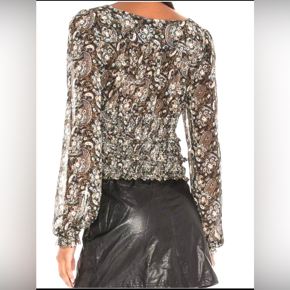 FREE PEOPLE LOLITA PEASANT BLOUSE BOHO CROP TOP PAISLEY FRAYED‎ TRIM SIZE L - Picture 2 of 10